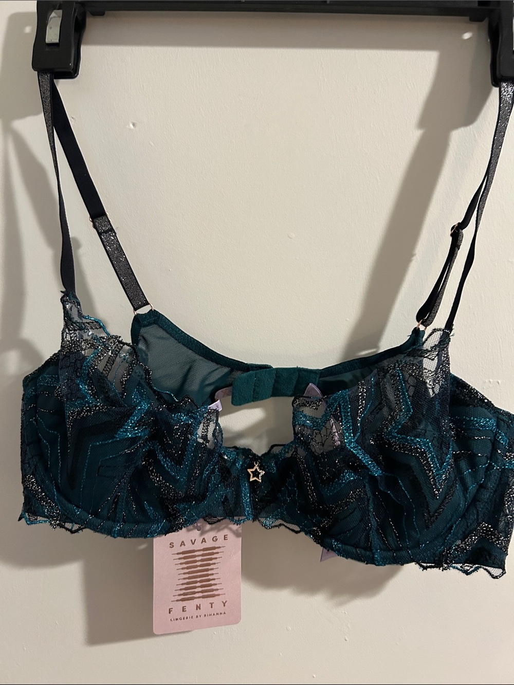 Savage X Fenty Teal & Black Lace Underwire Bra with Star Charm